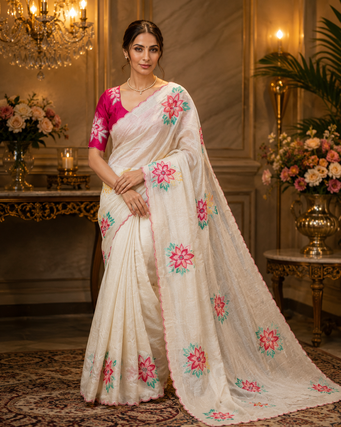 Off-White Crush Fabric Saree with Floral Hand Print