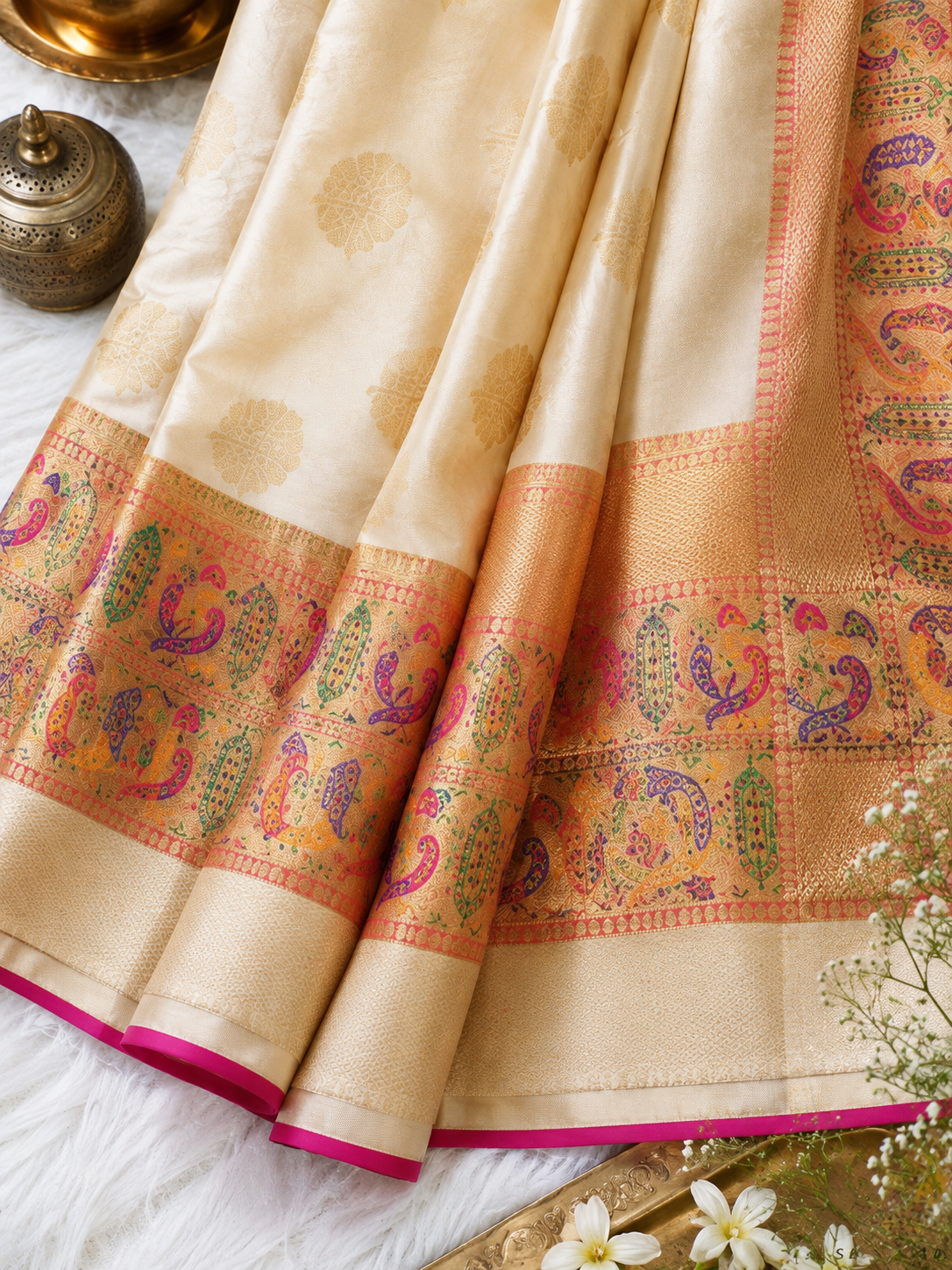 Banarasi Silk Saree with Multicolored Zari Border