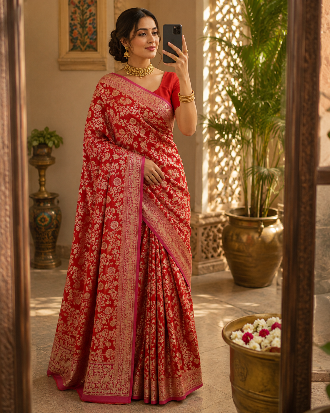 Katan Silk Saree with Golden Floral Zari Weave
