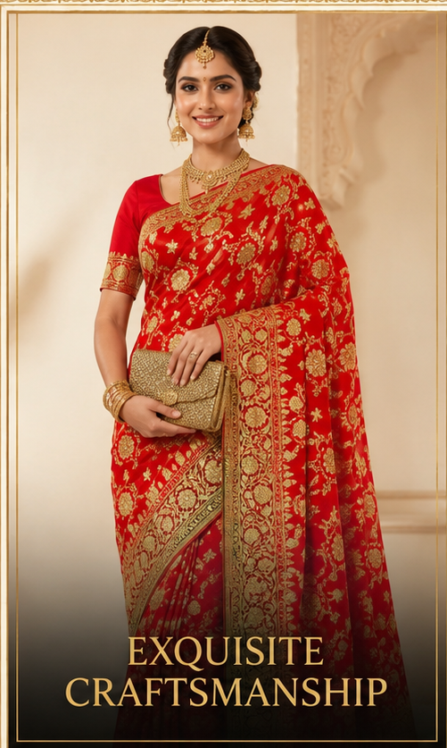 Deep Crimson Maroon & Antique Gold Nylon Katan Banarasi Saree