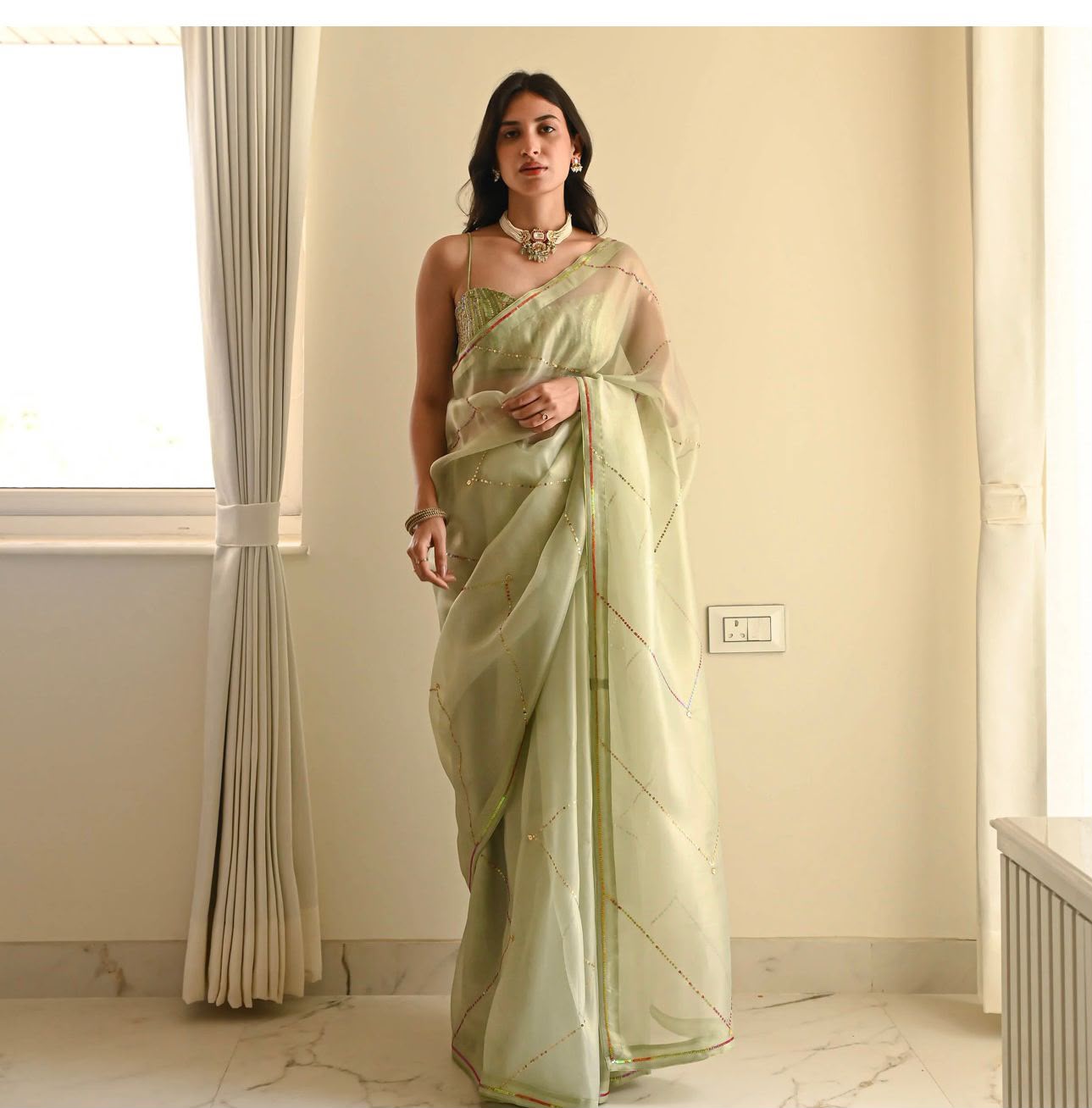 Mint Green Glass Silk Saree with All-Over Handwork Sequin Embellishments
