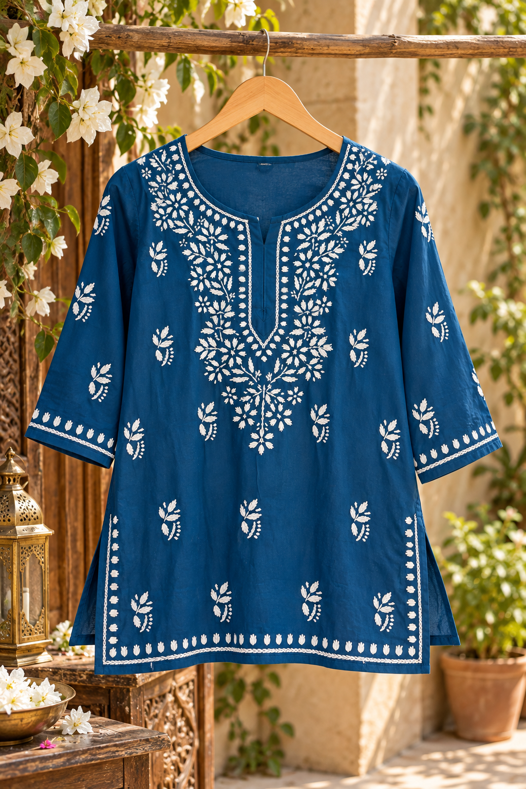 Royal Blue Cotton Lucknowi Chikankari Short Kurti for Women
