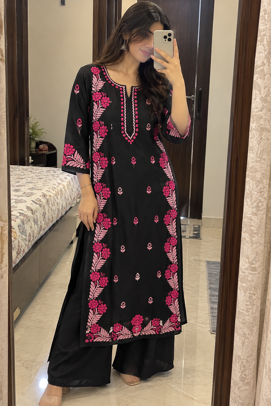 Black Cotton Lucknowi Chikankari Kurti with Pink Embroidery