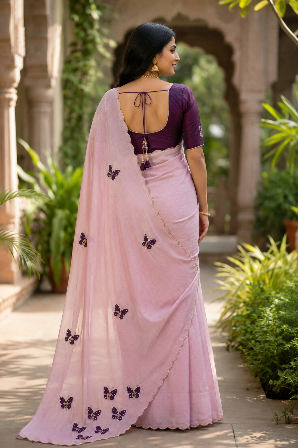 Lavender Pink Chinon Silk Saree with Khatli Butterfly