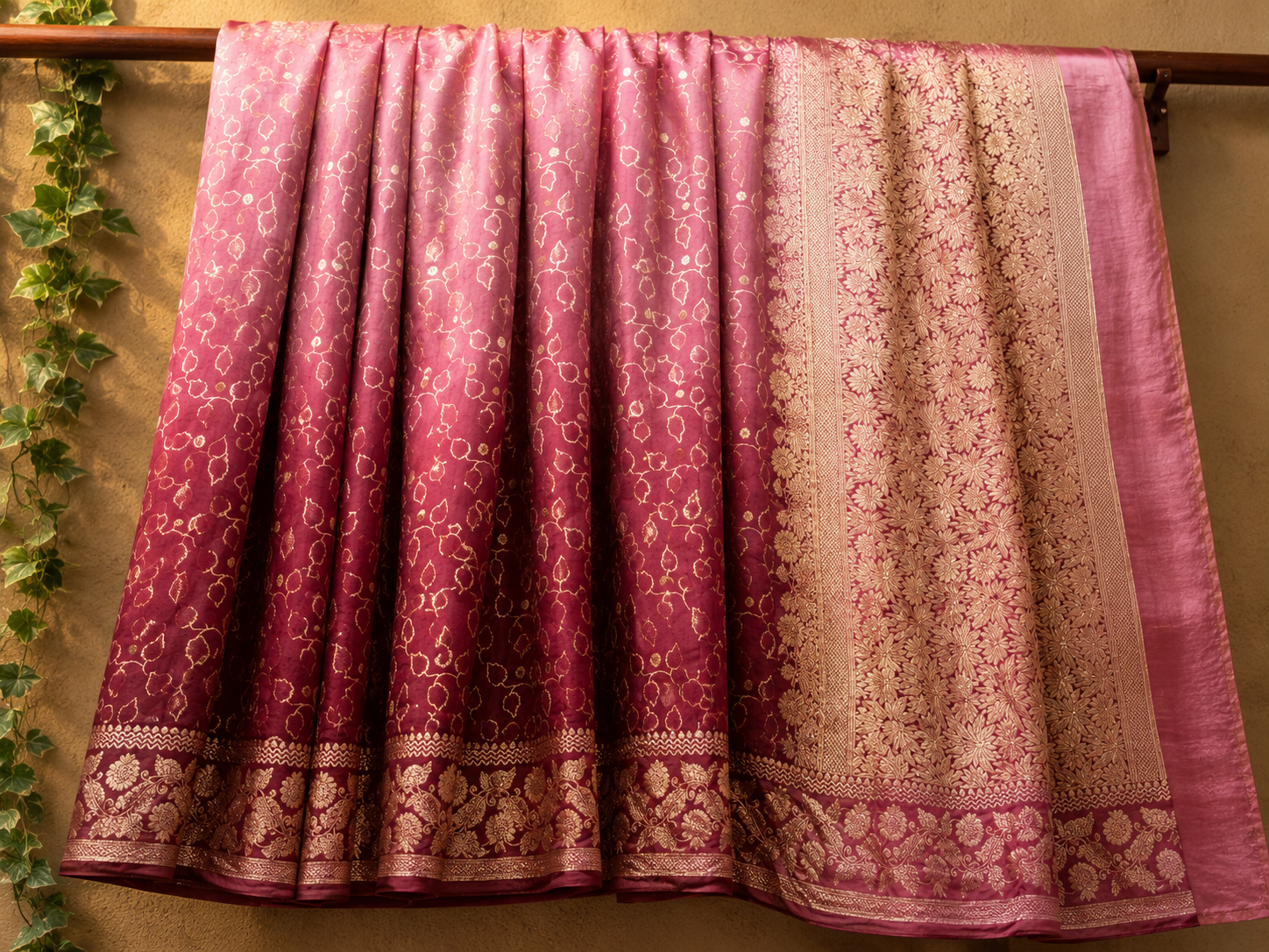 Banarasi Moonga Muslin Ombre Saree in Shades of Magenta & Blush Pink
