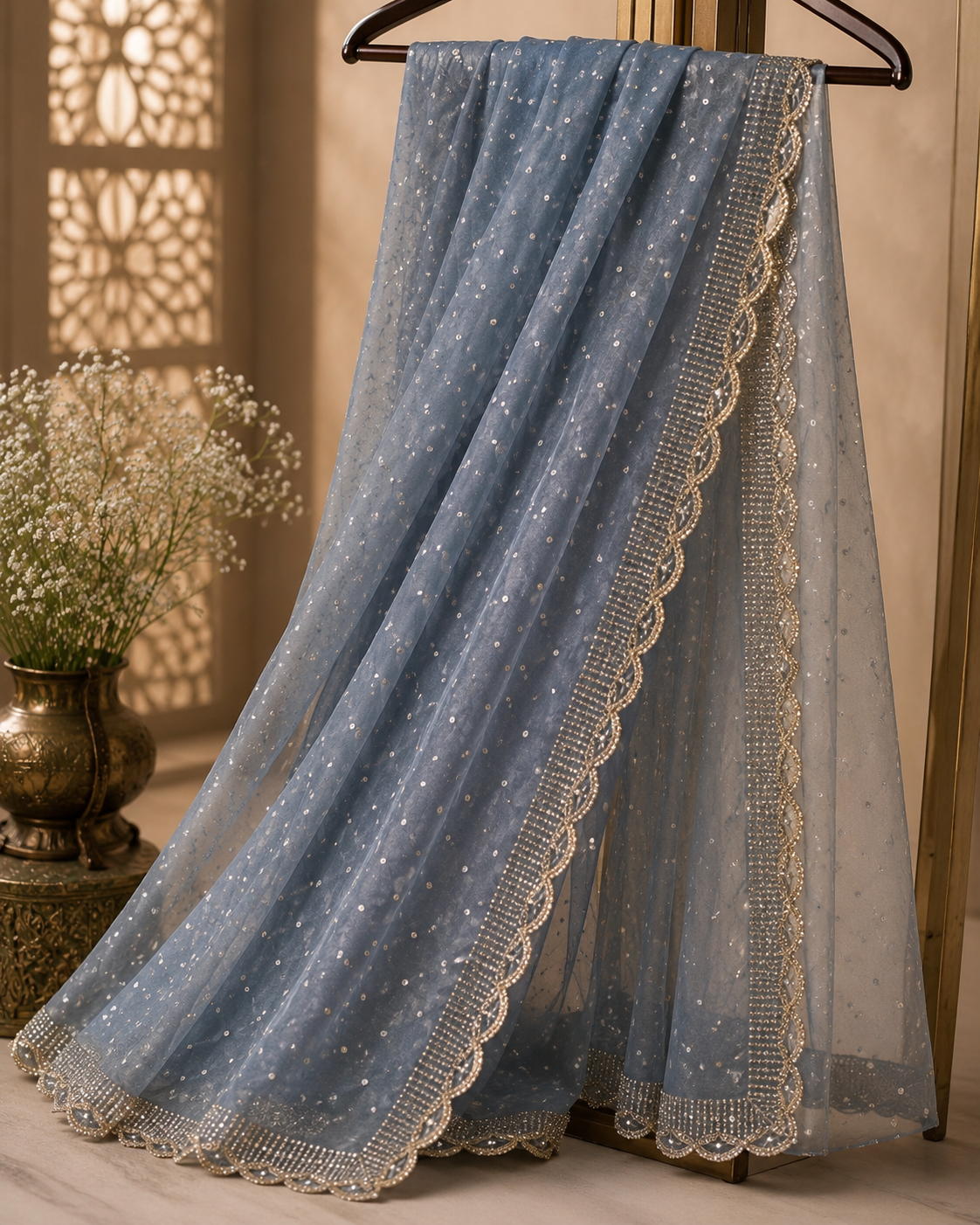 Designer Georgette Buti Saree with Sequin Work and Scalloped Border