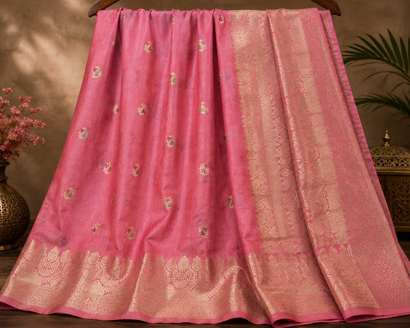 Rose Pink Chiniya Moonga Silk Saree