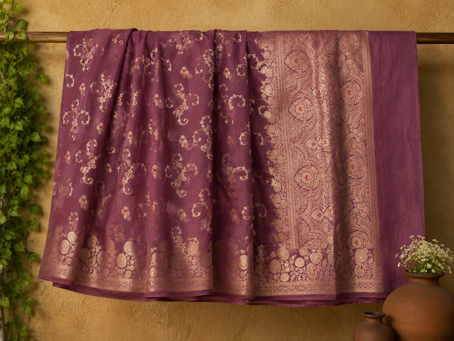 Chiniya Moonga Silk Saree with Water Color Dye Effect & Floral Zari Jaal