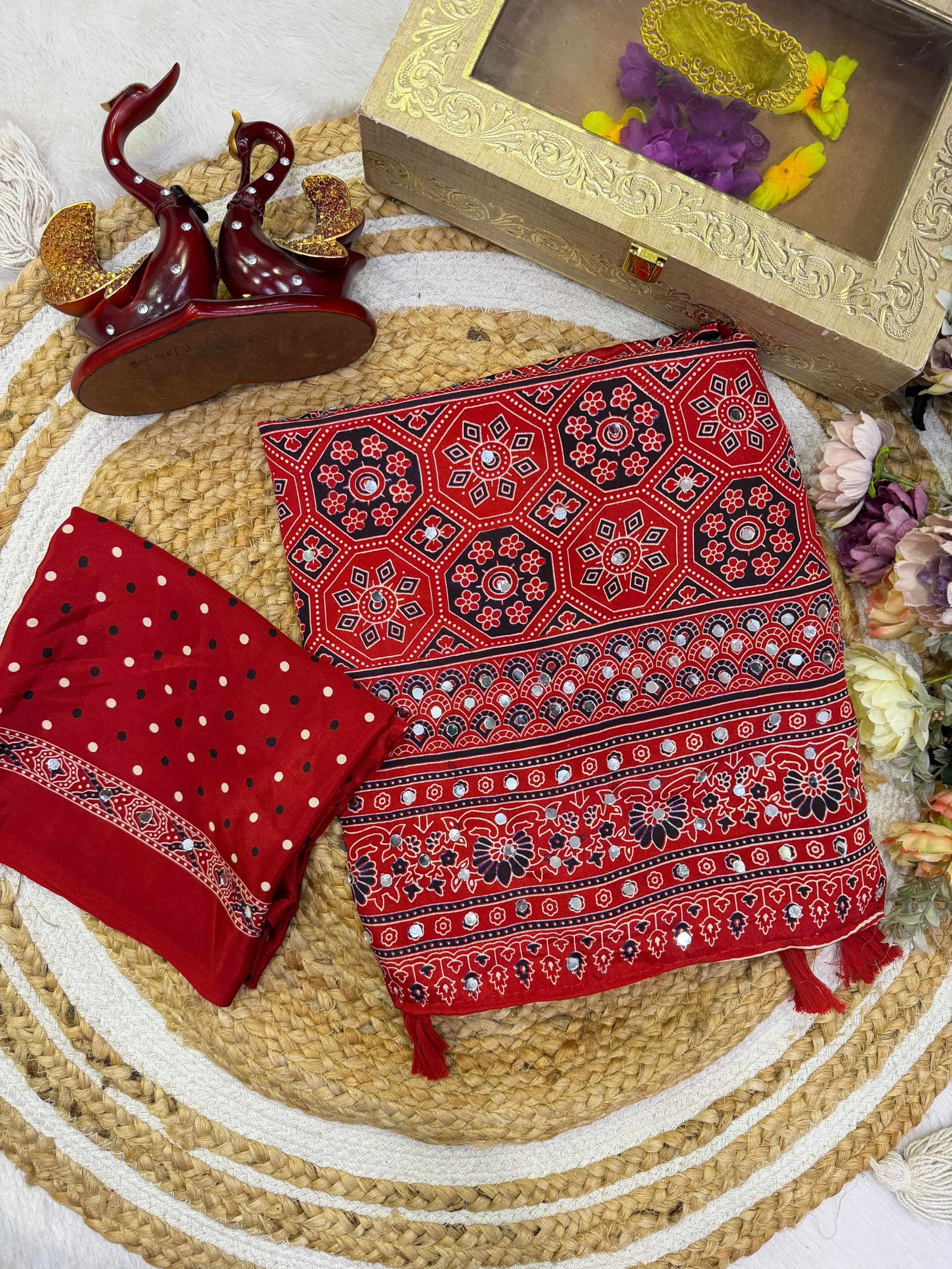 Ajrakh Printed Soft Crepe Silk Saree with Real Mirror Work & Tassels