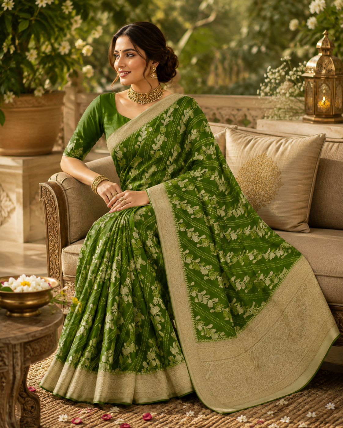 Green Katan Silk Saree with Gold Zari Leaf Motif