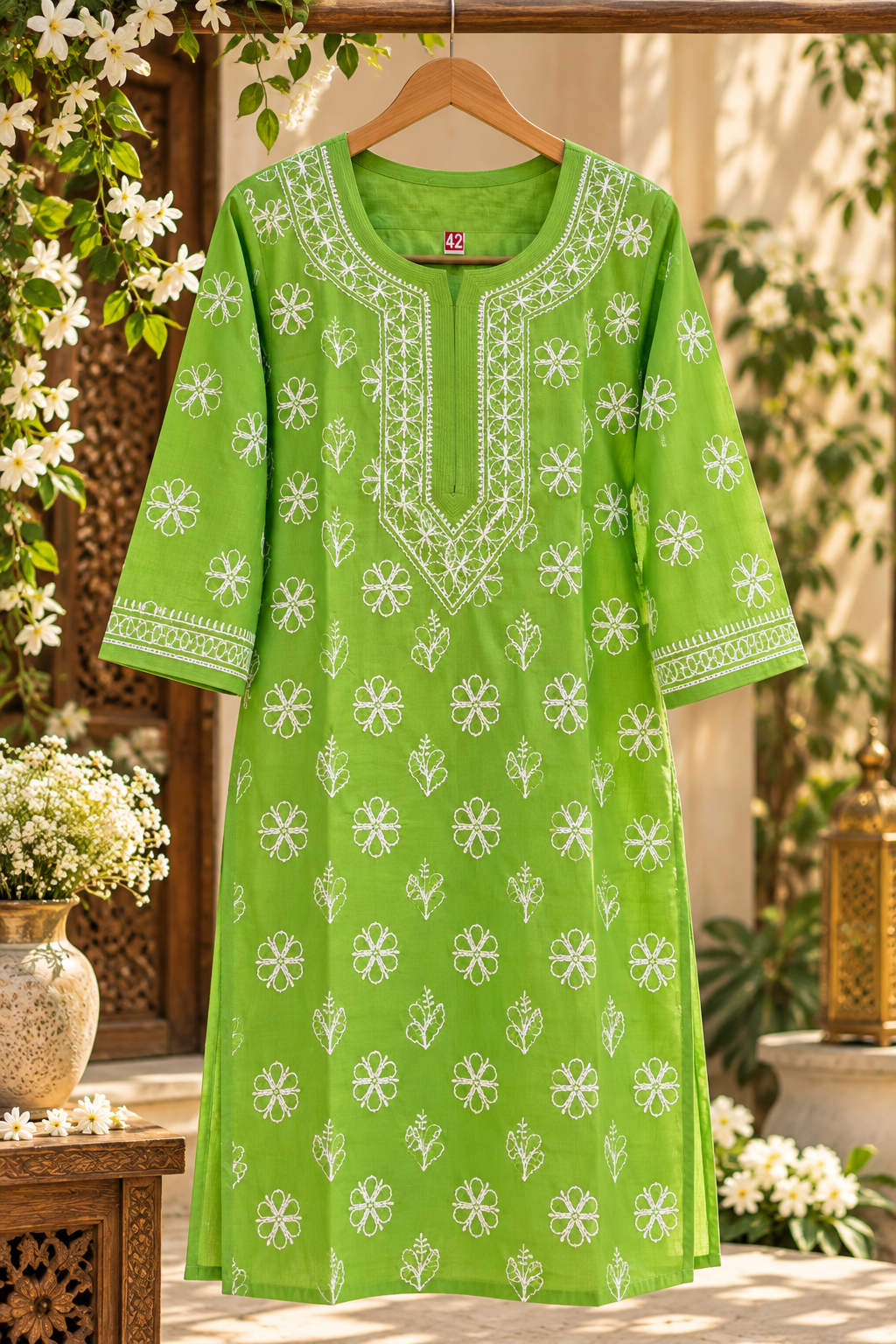 Parrot Green Cotton Lucknowi Chikankari Straight Kurti for Women