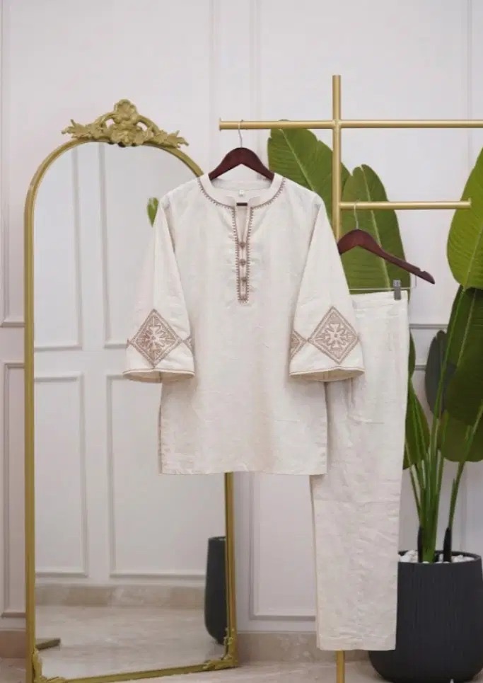 Off-White Embroidered Cotton Co-Ord Set