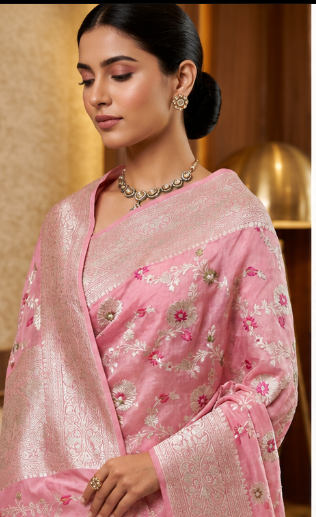 Georgette Silk Banarasi Saree with Silver Zari Floral Weaving