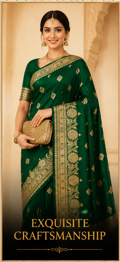 Emerald Green & Antique Gold Pure Katan Silk Banarasi Saree
