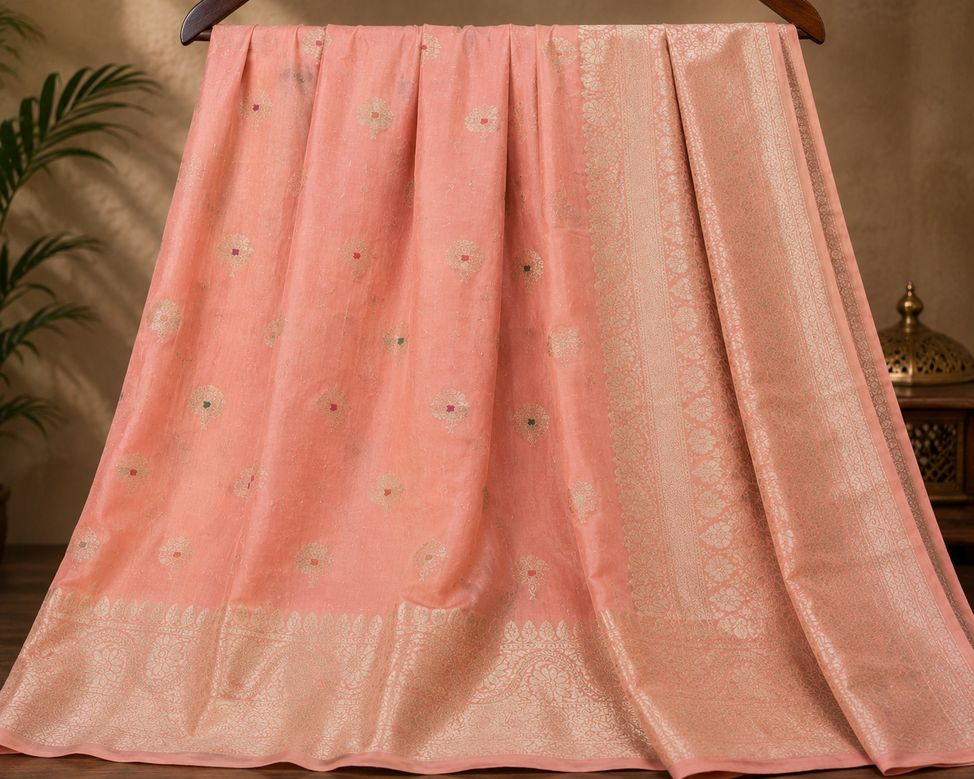Banarasi Peach Pink Chiniya Moonga Silk Saree with Meenakari Floral Bootis