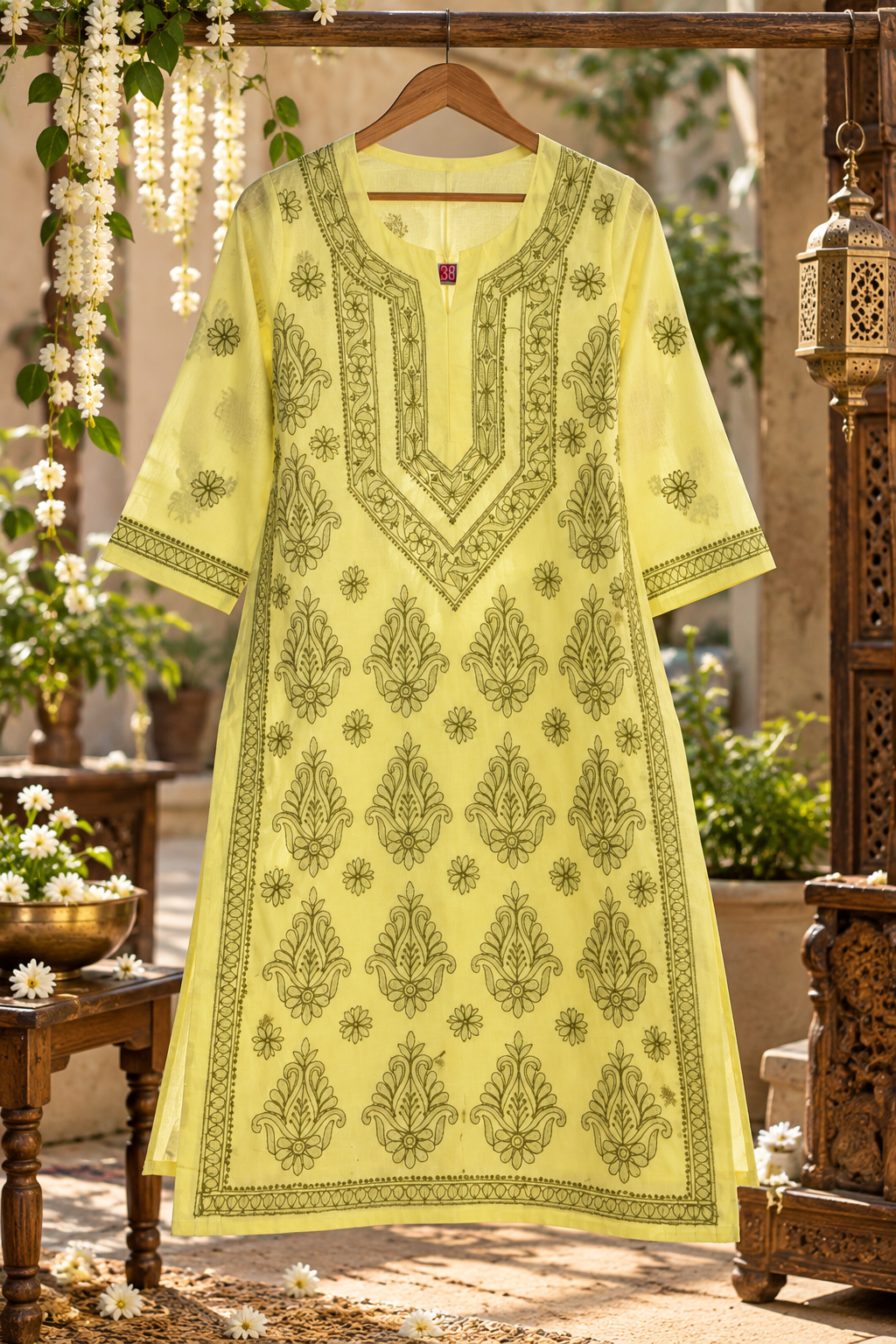 Lemon Yellow Cotton Lucknowi Chikankari Straight Kurti for Women