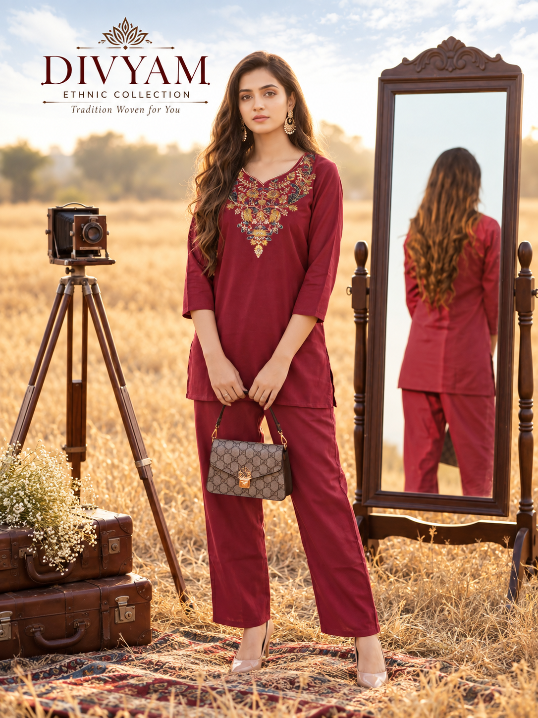 Maroon Embroidered Cotton Co-Ord Set