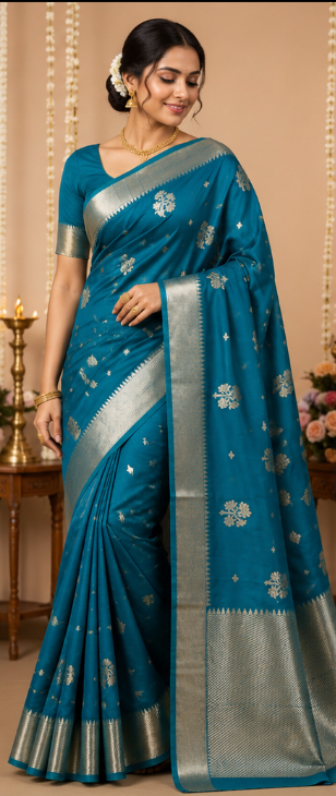 Printed Semi Katan Silk Saree with Silver Zari Border