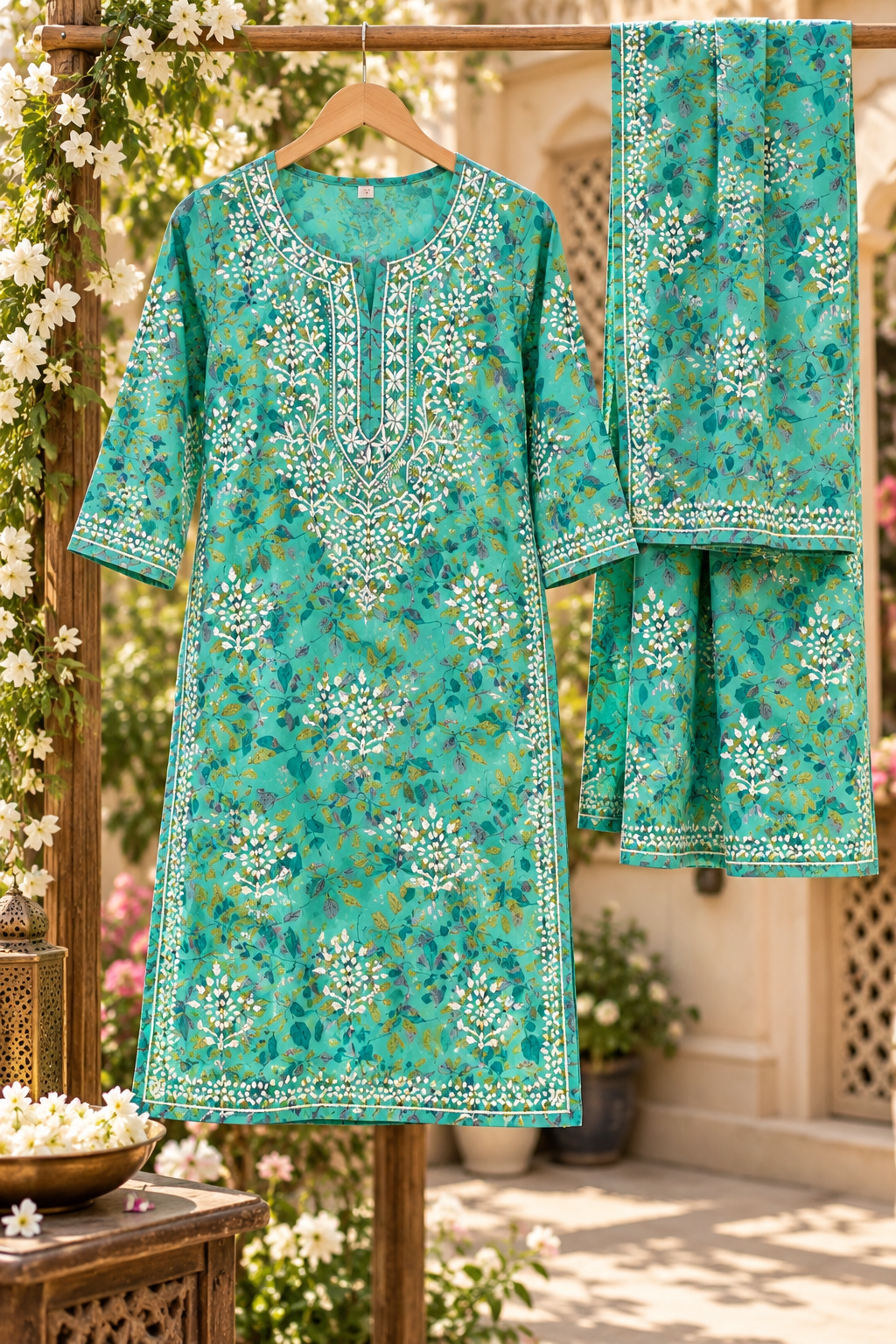 Turquoise Blue Floral Printed Cotton Lucknowi Chikankari Kurti Palazzo Set