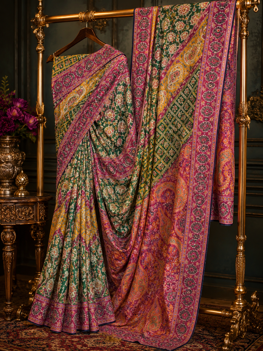 Printed Chinon Silk Saree with Original Hand Mirror Work