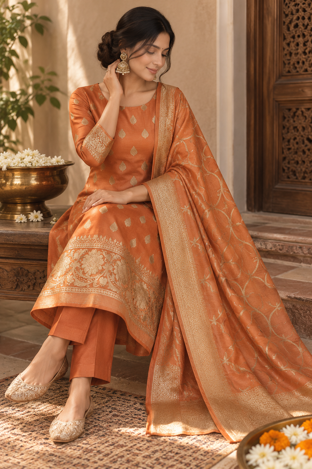 Elegant Banarasi Zari Woven Unstitched Moonga Silk 3-Piece Suit Set with Organza Dupatta