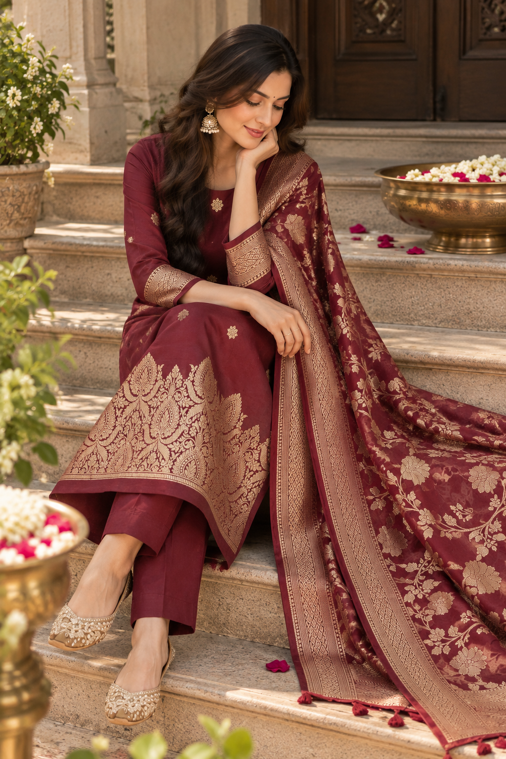 Traditional Banarasi Zari Woven Unstitched Moonga Silk 3-Piece Suit Set with Matching Dupatta