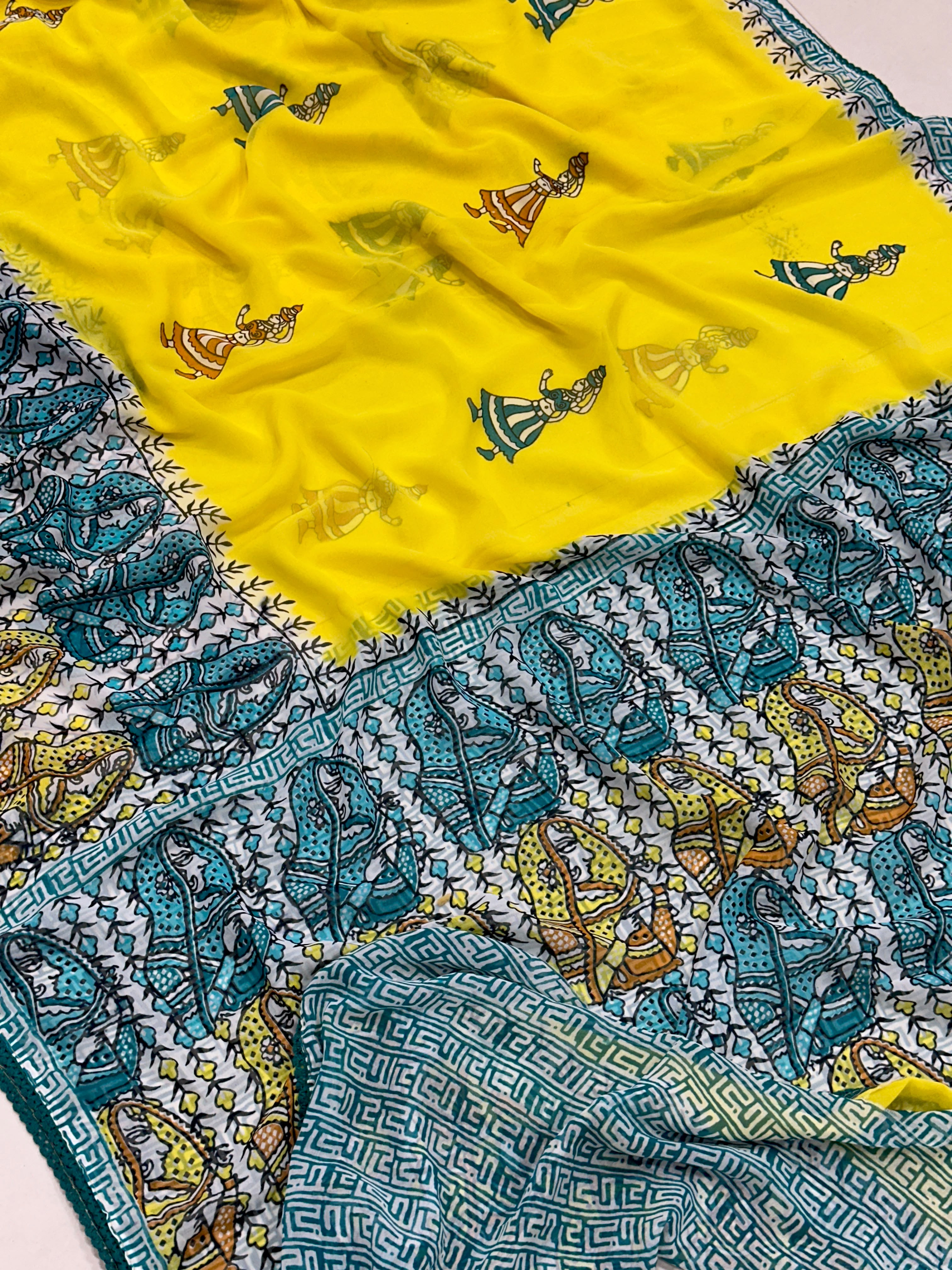 Vibrant Yellow Soft Georgette Printed Saree with Jacquard Weave