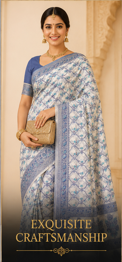 Serene Powder Blue & Ivory Premium Cotton Doria Saree