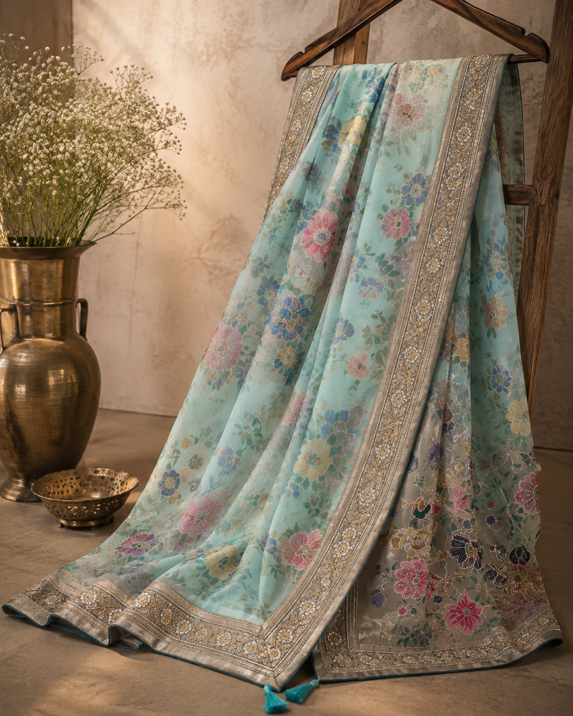 Designer Silk Saree with Floral Print and Heavy Zari Embroidered Border