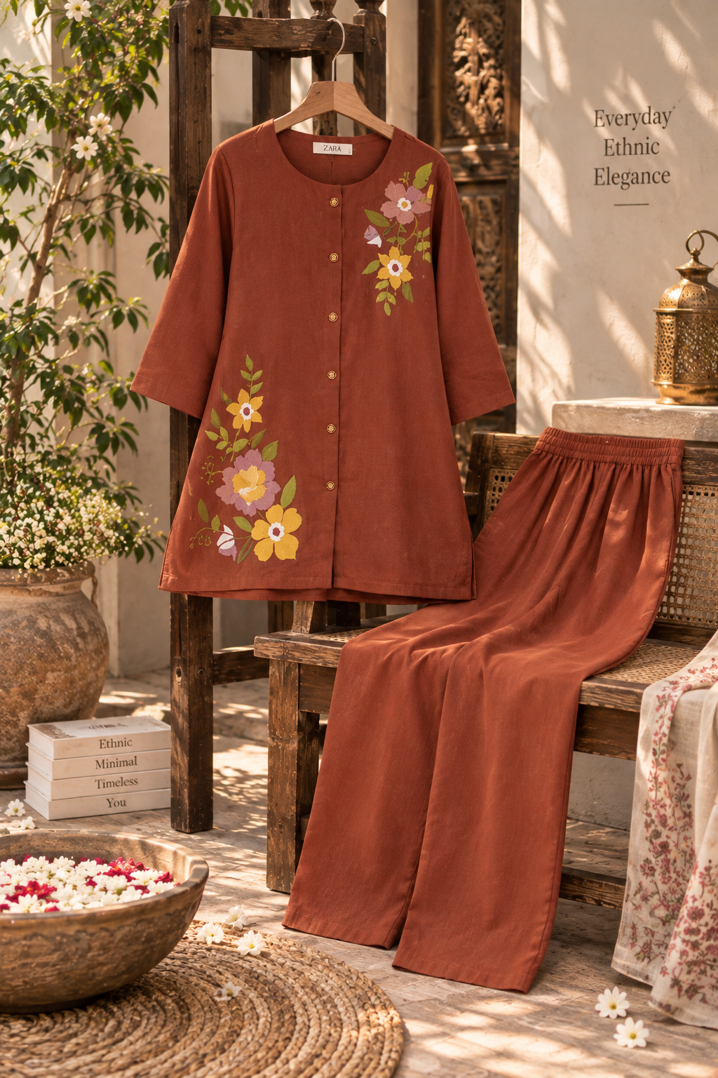 Terracotta Floral Embroidered Cotton Co-Ord Set