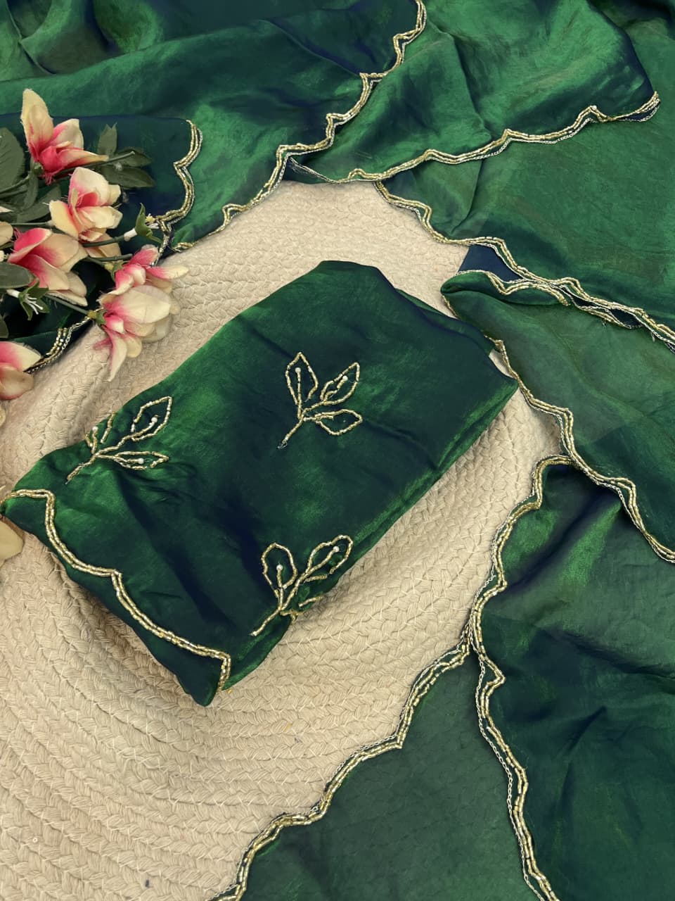 Premium Emerald Green Space Silk Satin Saree with Hand Khatli & Cutdana Work