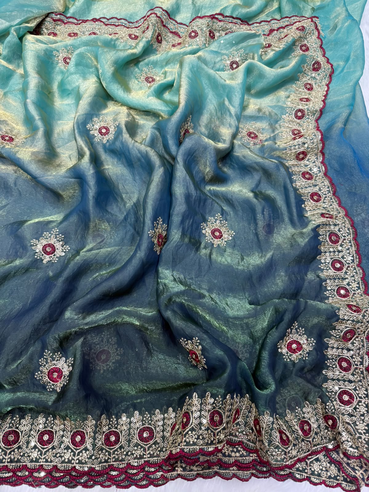 Two-Tone Space Silk Bridal Saree with Multi-Sequin Embroidery