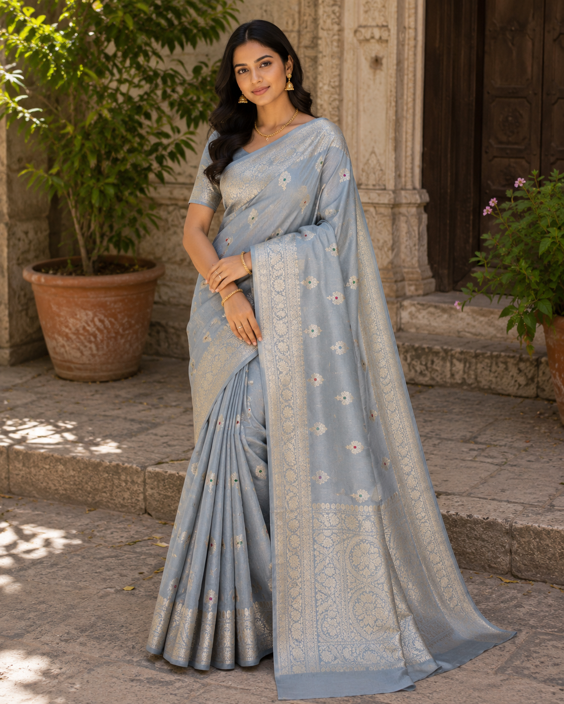 Slate Grey Chiniya Moonga Silk Saree