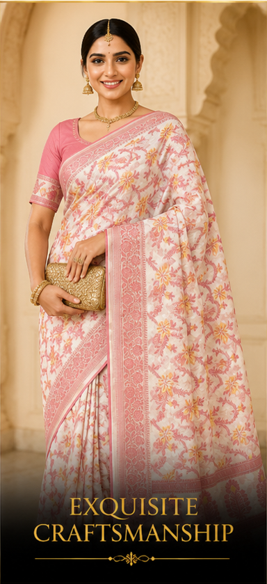 Pastel Blush Pink & Ivory Premium Cotton Doria Saree