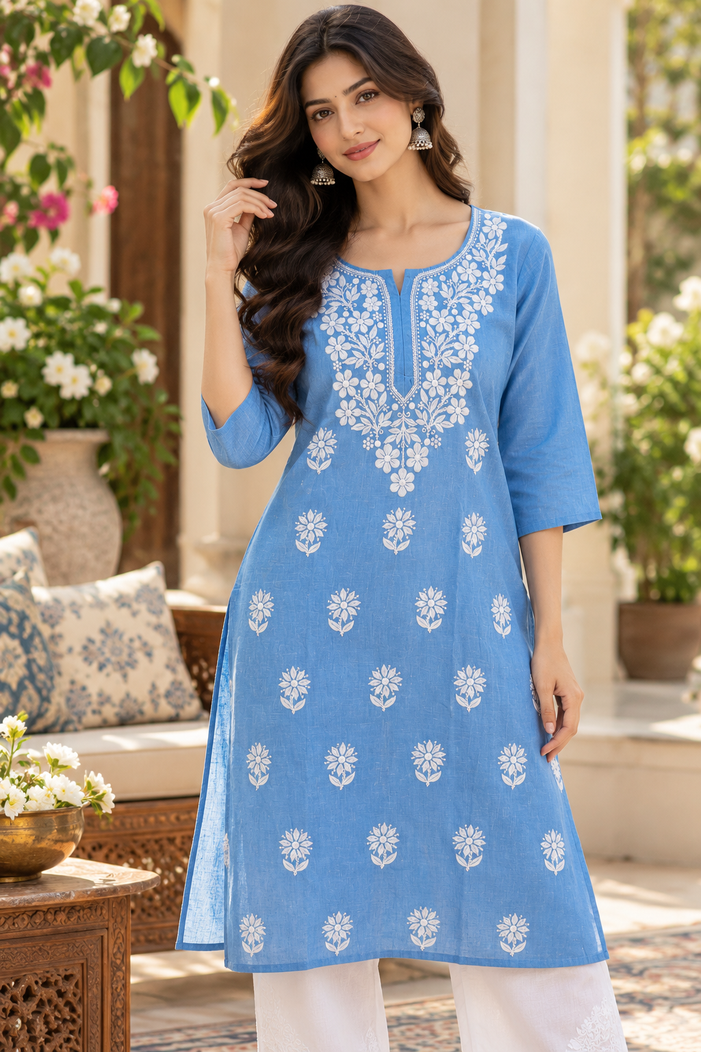 Blue Powder Blue Cotton Lucknowi Chikankari Straight Kurti for Women