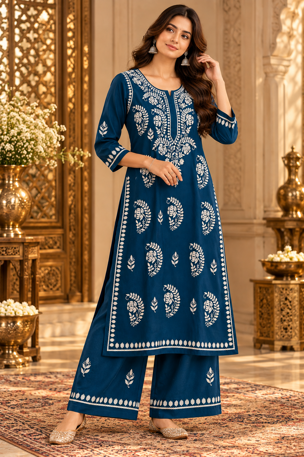 Peacock Blue Lucknowi Chikankari Muslin Kurti Set with Palazzo