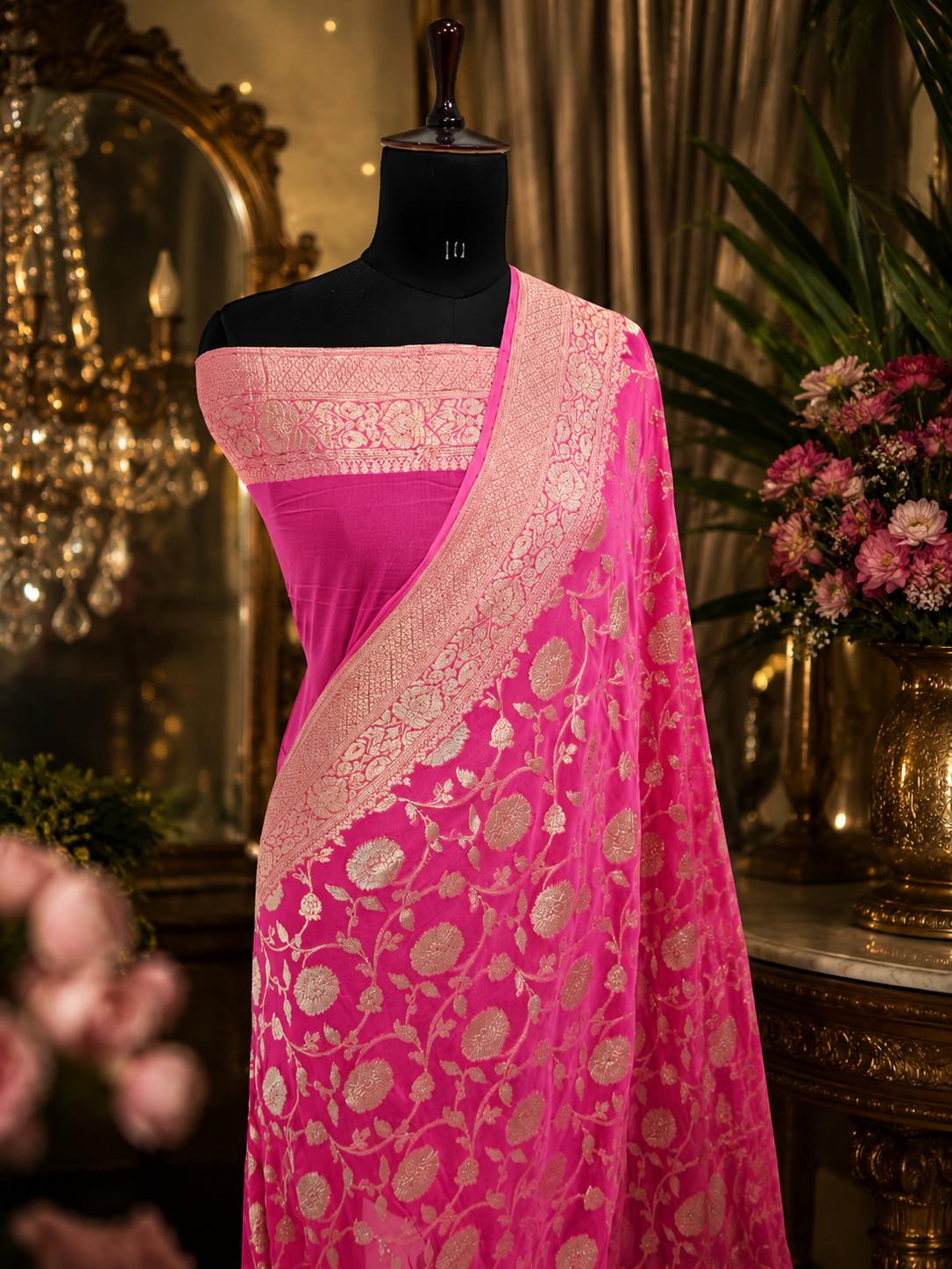 Rani Pink Pure Chiffon Saree with Elegant Floral Zari Weave