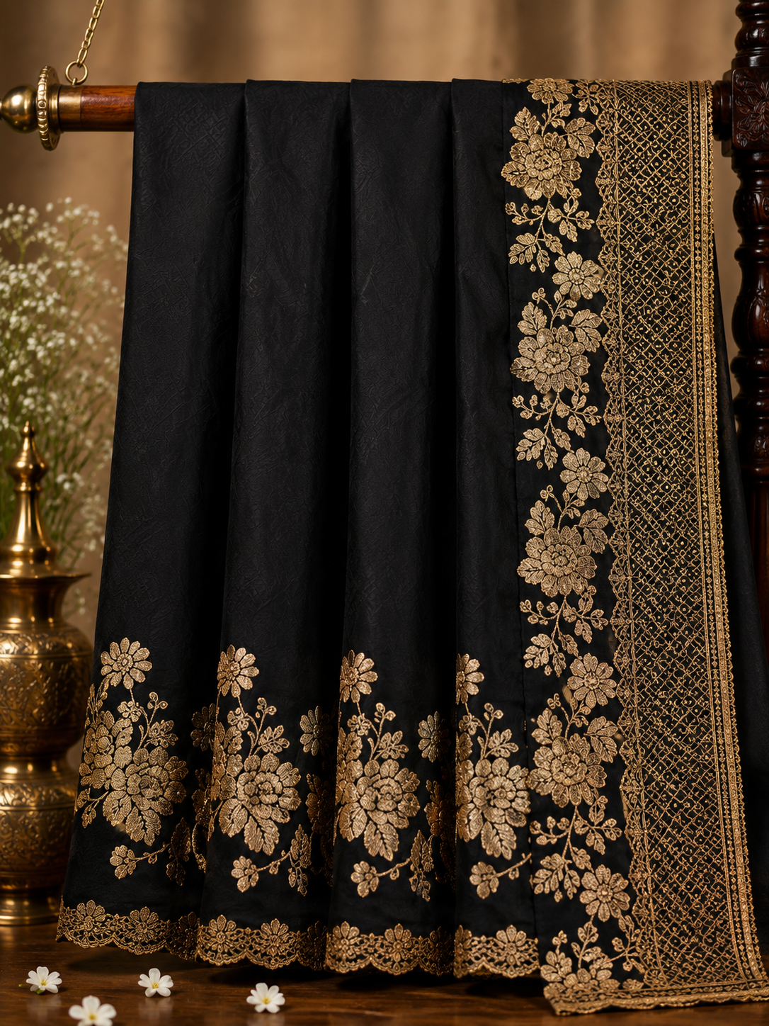 Fendi Satin Silk Saree with Heavy Gold Floral Embroidery
