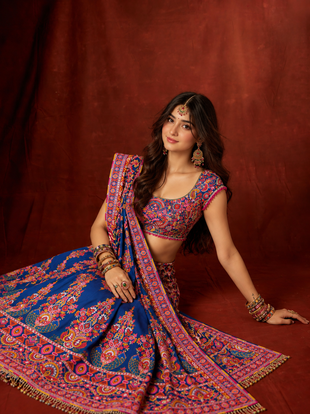 Soft Chinon Printed Saree with Real Mirror & Diamond Work