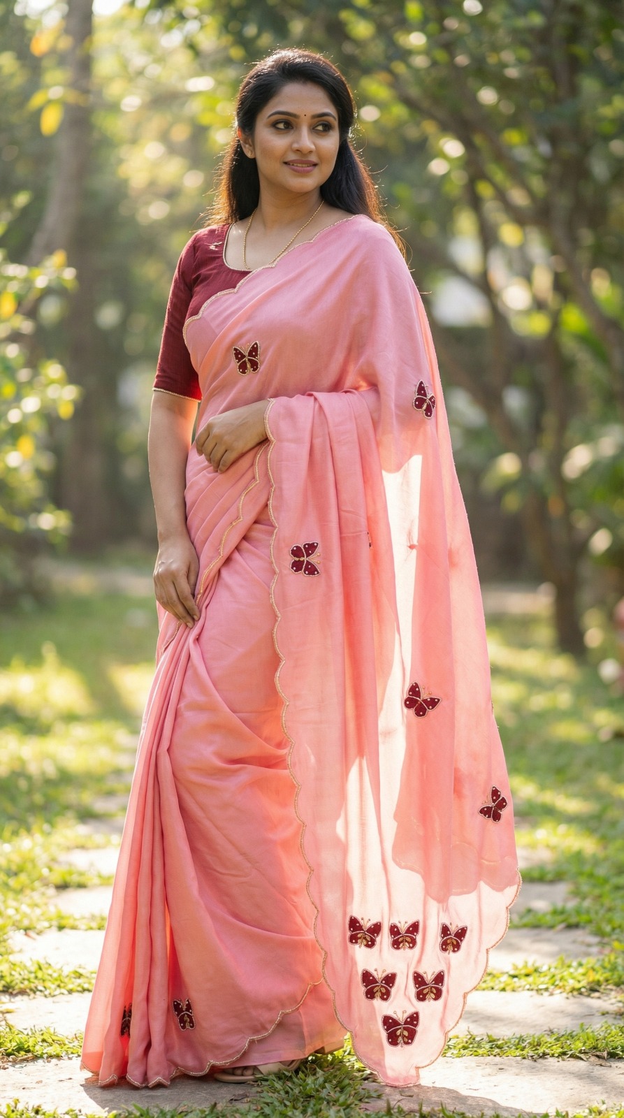 Baby Pink Chinon Silk Saree with Khatli Butterfly