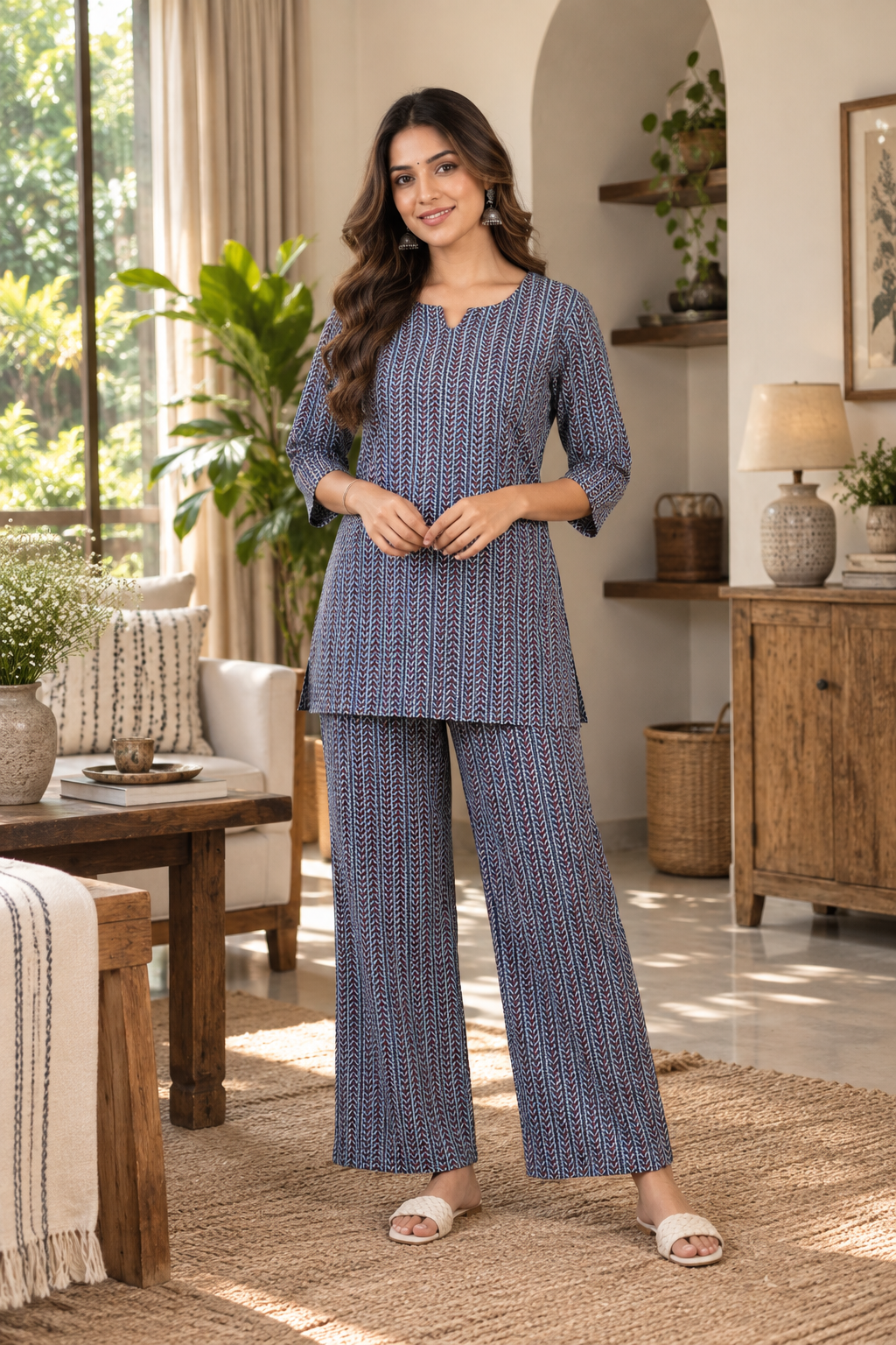 Slate Blue Geometric Printed Cotton Co-Ord Set