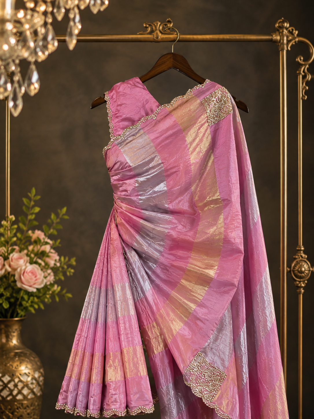 Premium Pure Viscose Organza Striped Saree with Handwork