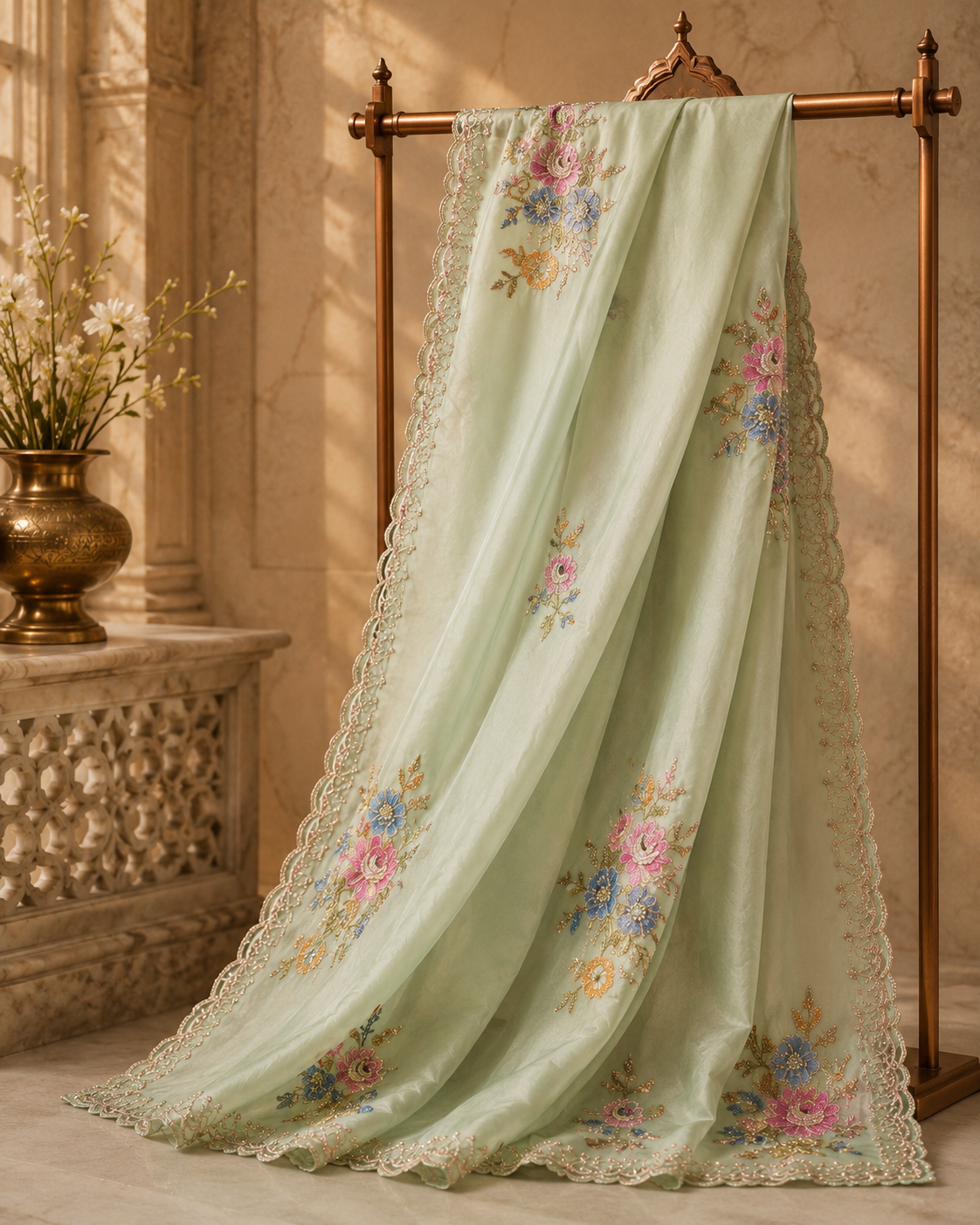 Designer Fendi Silk Saree with Hand-Embroidered Floral Motifs