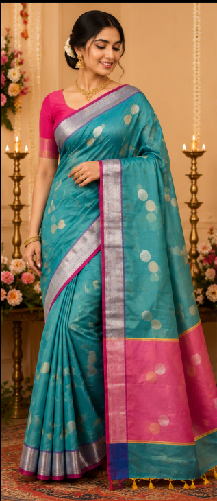 Printed Semi Katan Silk Saree with Contrast Pink Border