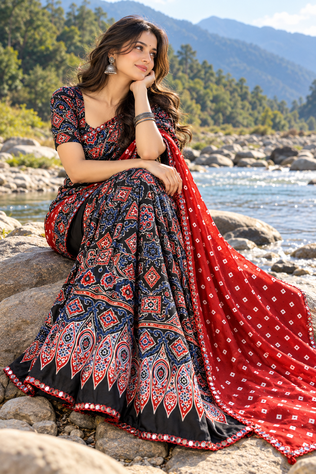 Red Pure Gajji Silk Ajrakh Bandhej Mirror Work Saree with Mirror Border & Blouse