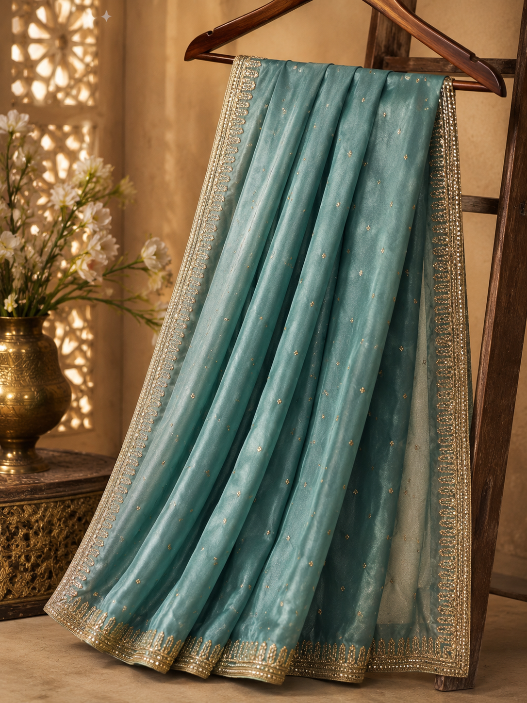 Designer Fendi Satin Saree with Zari Butis