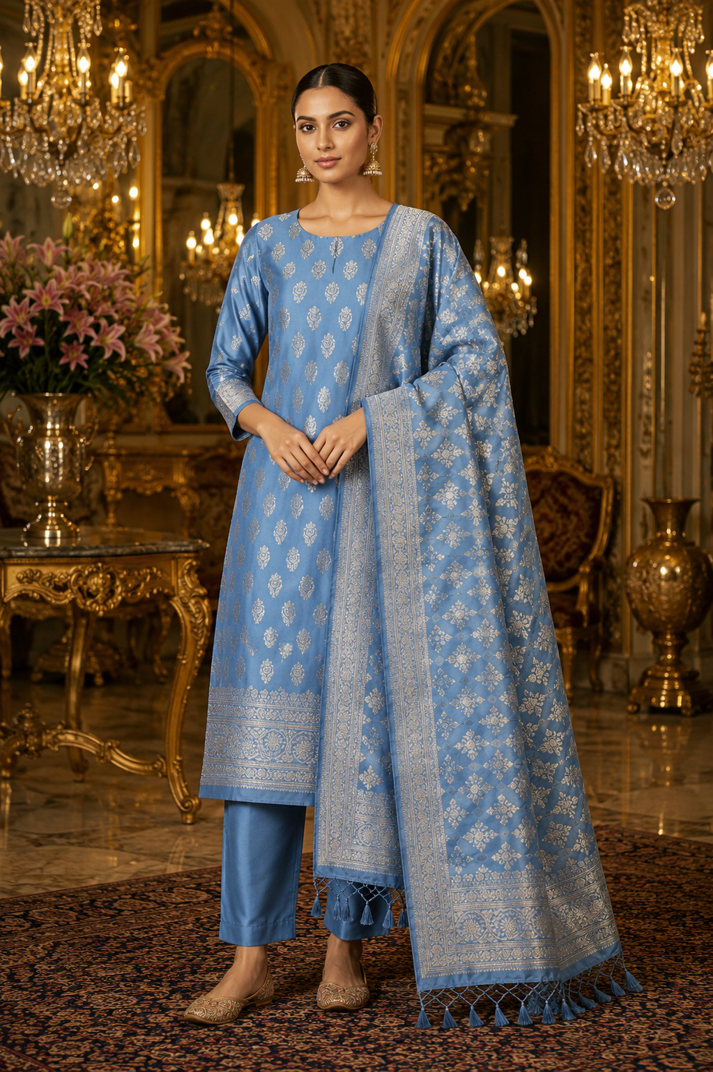 Unstitched Salwar Suit Set with  Banarasi Zari Dupatta