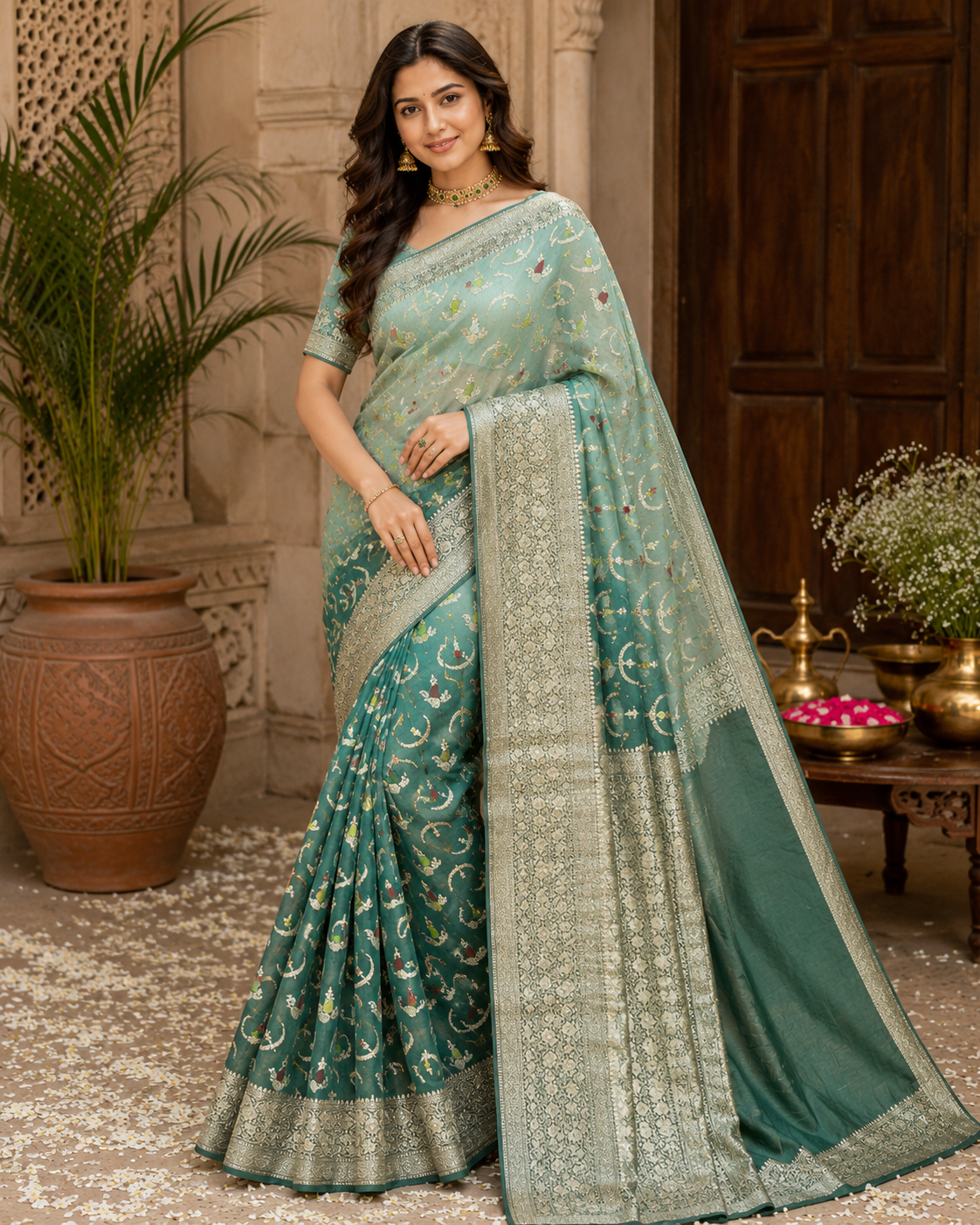 Banarasi Ombre Moonga Muslin Saree in Sea Green & Dark Forest Green with Zari Jaal