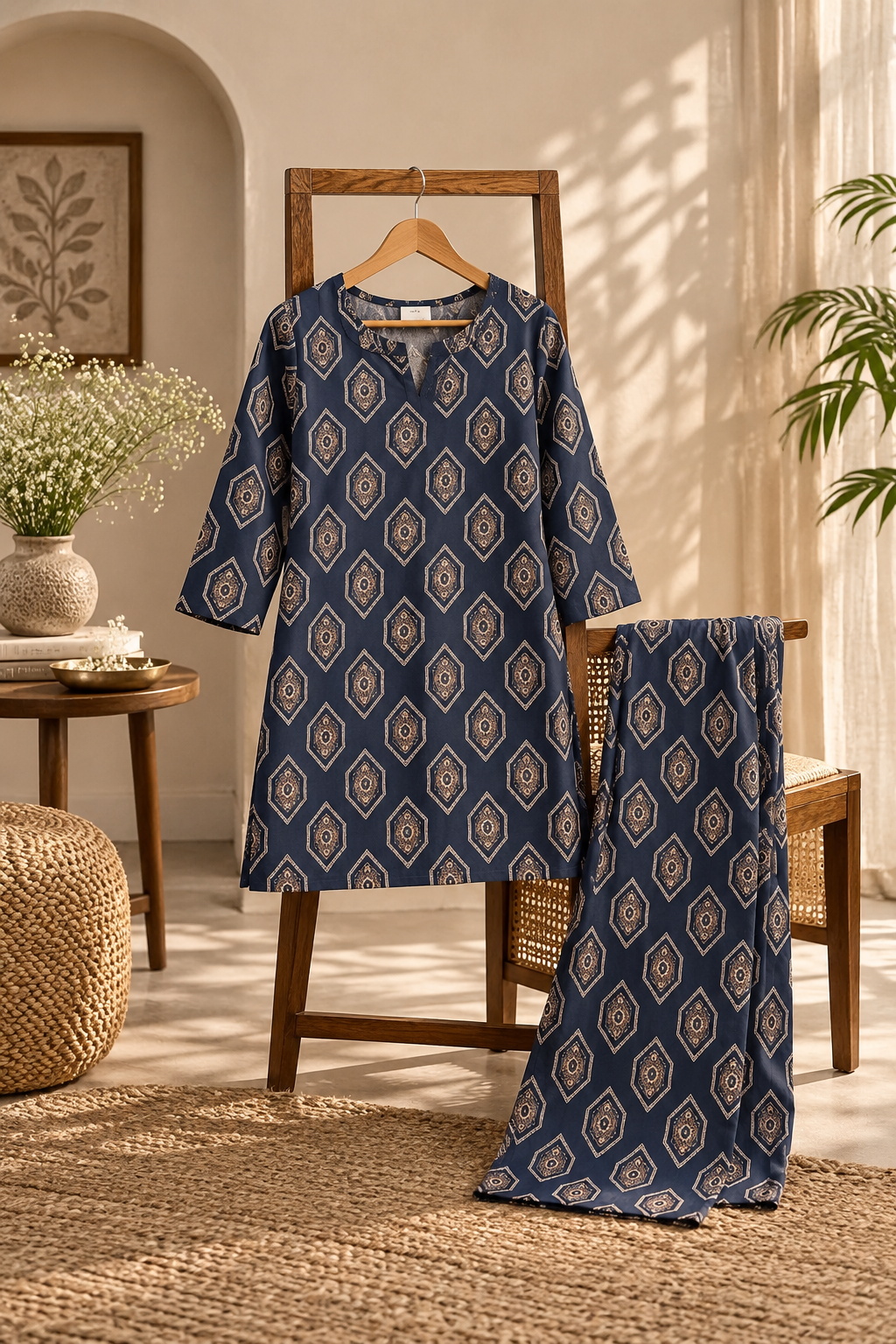 Navy Blue Ethnic Geometric Cotton Co-Ord Set