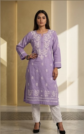 Lucknow Chikankari Hand Embroidered Dobby Cotton Kurti